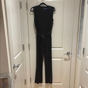 J. McLaughlin Classic Black Sleeveless Jumpsuit with Waist Tie and tuxedo stripe